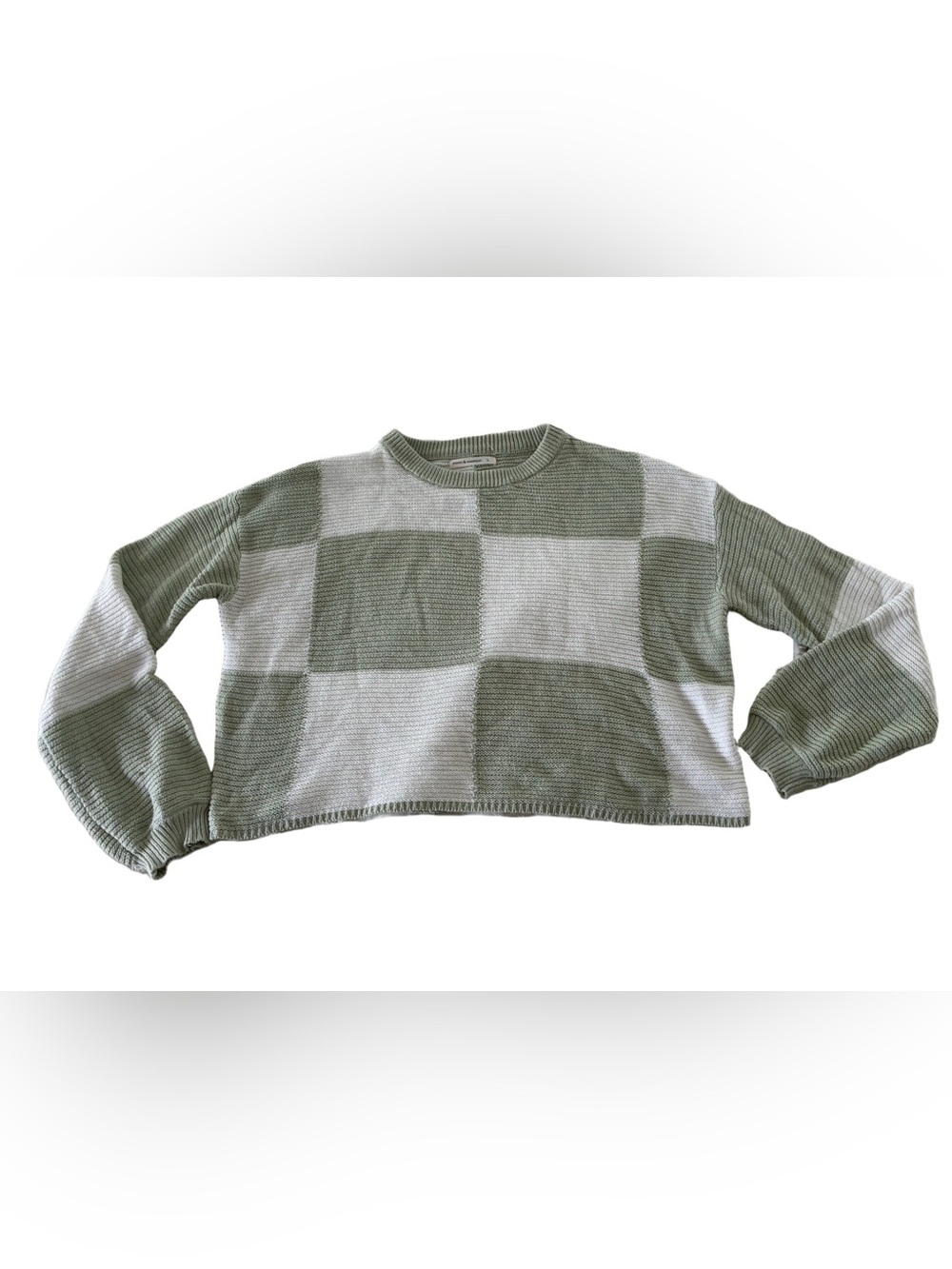 Moon & Madison Checkerboard Knit Cropped Sweater - Green/White large Cottagecore